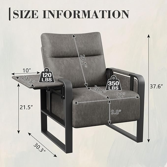 Upholstered Living Room Chair Armchair Set of 2, Mid Century Faux Leather Metal Accent Chair, Reception Couch Office Guest Chair Slipper Club Lounge Single Sofa with Sidetable for Bedroom-Grey