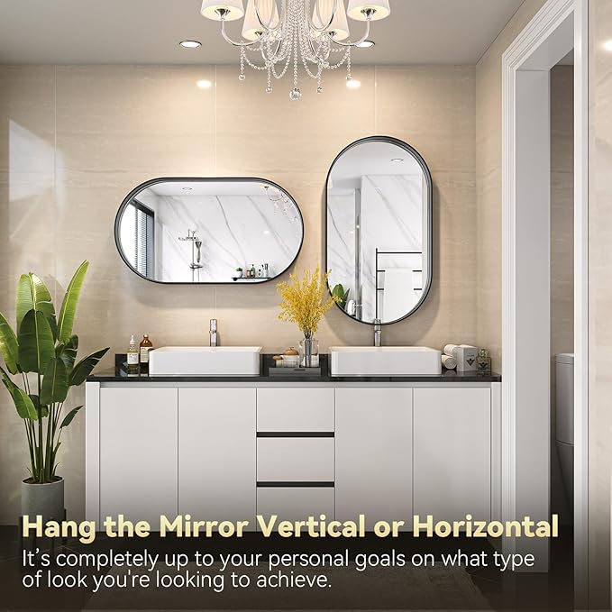 Brightify 20x36 Inch Black Oval Mirror for Bathroom, Matte Black Vanity Mirrors Metal Frame, Wall Mounted Mirror for Bedroom Fireplace Wall Decorative Hang Vertical and Horizontal