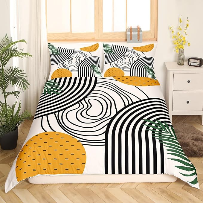 Erosebridal Modern Bedding Sets Queen Abstract Art Comforter Cover, Orange Black White Aesthetic Bed Set Retro Minimalism Duvet Cover, Mid Century Quilt Cover Geometric Striped Decor (Zipper Closure)