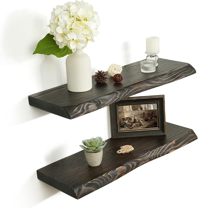 24 Inch Wooden Floating Shelves for Wall Set of 2, Finnish Spruce Solid Wood Shelf, Natural Wood Floating Shelves for Living Room, Bathroom, Bedroom, Kitchen, Country Brown Finish