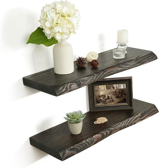 24 Inch Wooden Floating Shelves for Wall Set of 2, Finnish Spruce Solid Wood Shelf, Natural Wood Floating Shelves for Living Room, Bathroom, Bedroom, Kitchen, Country Brown Finish