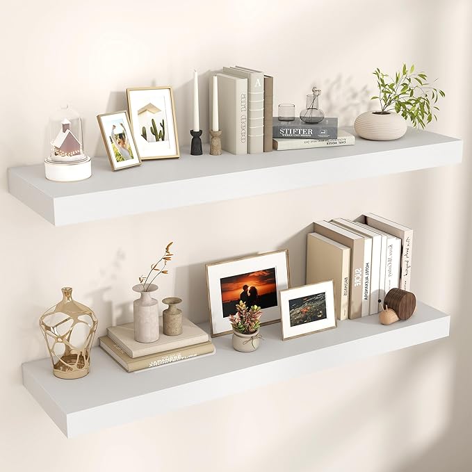Floating Shelves for Wall, 48" W x 12" D x 2" H, 2 Pack of Long Wall Mounted Engineered Wood Shelves with Invisible Brackets for Living Room, Bedroom, Bathroom, Kitchen Decor, White