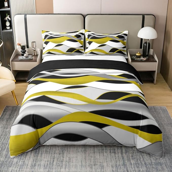 Erosebridal Yellow Gray Black Bedding Set Full Geometric Stripes Print 100% Cotton Duvet Cover Abstract Lines Art Comforter Cover for Kids Teens Adults Wave Stripe Pattern Bed Set 3 Pcs