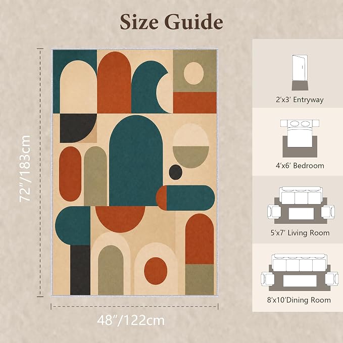 Teal Rust Area Rug 4x6, Mid Century Modern Mosaic Geometric Rug, Retro Abstract Color Block Washable Low Pile Non Slip Rug for Living Room Bedroom