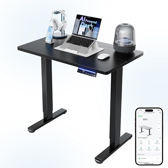 HUANUO 32" AI Smart Standing Desk with App-Synced Sedentary Reminders, Electric Height Adjustable Desk with Body-Data Ergonomic Presets, Voice Control Alexa/Google/Siri, 3 Memory Settings Table, Black