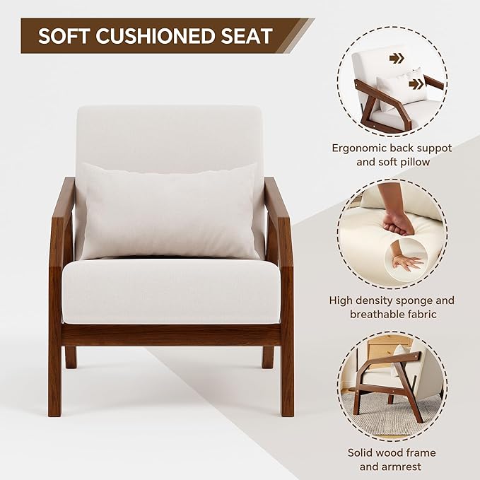 Solid Wood Accent Chair Mid-Century Modern Lounge Armchairs, Fabric Upholstered Soft Comfy Living Room Chairs with Armrest Waist Cushion Pillow for Office Reading Waiting Room (Brown Arm)
