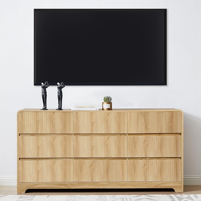 MERRYBERRY Fluted Dresser for Bedroom with 9 Drawers,63" Wide Modern Chest of Drawers with Curved Profile & Deep Drawer,Large Wood TV Dresser for Bedroom Living Room