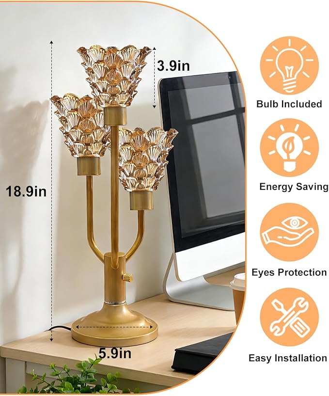 Lightdot Mid Century Modern Table Lamp for Living Room Dimmable Nightstand Lamp Vintage Gold Desk Lamp Amber Glass 3 Bulbs Included Warmwhite Ambient Bedside Lamps for Bedroom Home Office Decor Gift