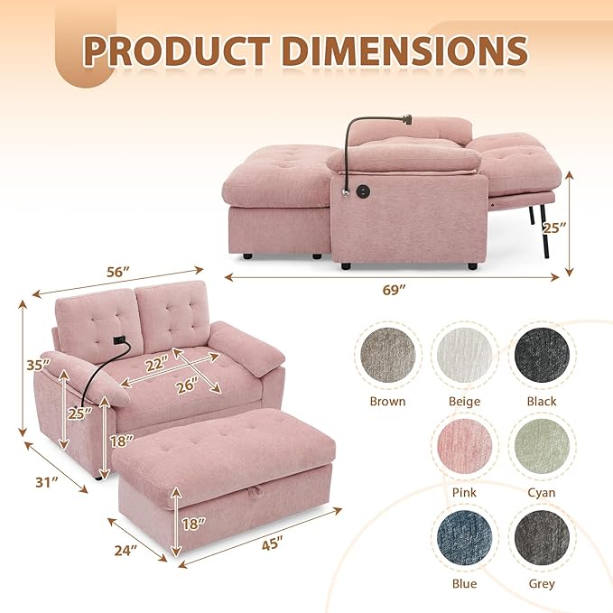 Oversized Chaise Lounge Chair Indoor, Double Convertible Recliner Reading Arm Sofa Chair W/Adjustable Backrest & Charging Port Couch Bed for Living Room, Home Theater & Bedroom, Pink
