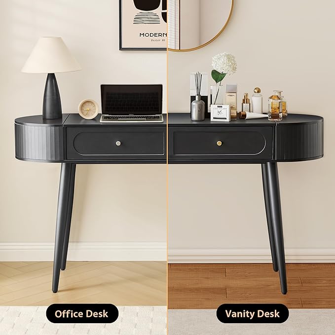 Practical 59" Wood Writing Desk, Home Office Laptop Desk with 2 Flip Hide Storage + 2 Drawer, MCM Elegant Fluted Multifunctional Study Desk for Apartment Bedroom (Black)
