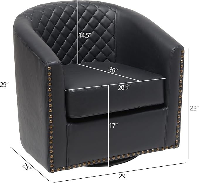 KINWELL 29" Wide Tufted Faux Leather Swivel Barrel Chair, PU Leather Modern Upholstered Accent Chairs with Nailhead Trim, Small Armchair for Living Room Bedroom, Black