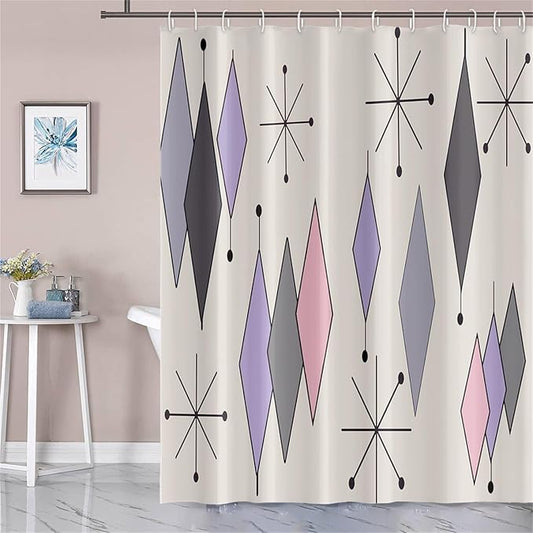 Boho Mid Century Shower Curtain Abstract Purple Grey Pink Diamond Geometric Atomic Starburst Pattern Beige for 1950s Retro Bathroom Decor Shower Curtain Set with 12 Hooks, 48x72 Inches