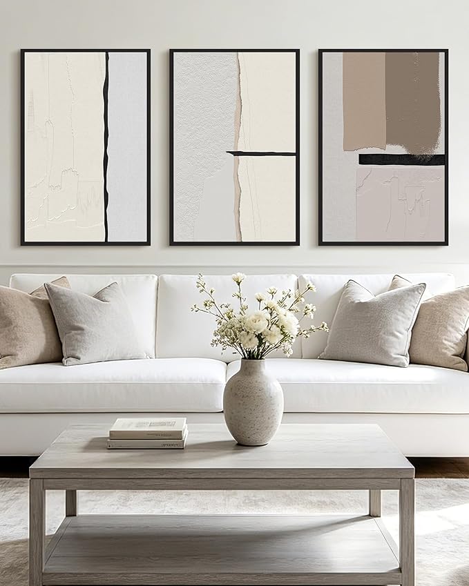 KUVIOKE Neutral Abstract Framed Wall Art Beige Mid Century Textured Wall Decor Minimalist Modern Illustrations Art Print Home Decor 24x36in (Black Framed)
