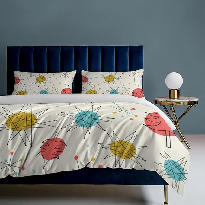 Mid Century Duvet Cover Queen Retro Atomic Bedding Set, Rainbow Grid Comforter Cover Vintage Fifties 1950s Bed Set，Abstract Art Bedding 3 Piece (1 Duvet Cover 86"x70" + 2 Pillow Sham 20"x30")