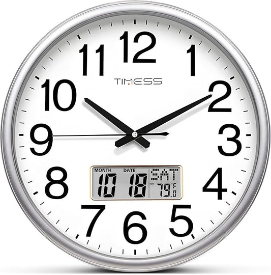 TIMESS Wall Clock, 13 Inch Non-Ticking Silent Battery Operated Quartz Analog with LCD Display for Perpetual Calendar and F° Temperature, Ideal Modern Home, Bedroom, Kitchen, Office Décor (Sliver)