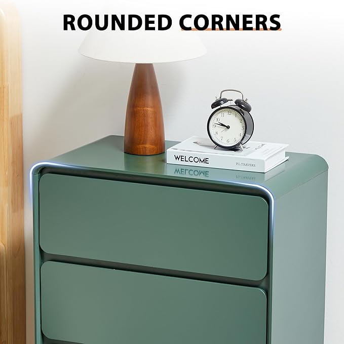 AVZEAR Set of 2 Modern3 Drawer Dresser for Bedroom, Curved Wooden Dresser Chest of Drawers, 3 Drawer Nightstand Closet Clothes Storage Organizer for Kids Bedroom, Living Room, Nursery, Green