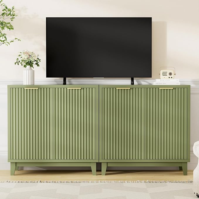 Fluted Cabinet with Storage, 2 Doors Sideboard Buffet, Mid Century Modern Accent Cabinet with Adjustable Shelves, Multifunctional Console Table with Storage for Living Room, Kitchen, Entryway, Green