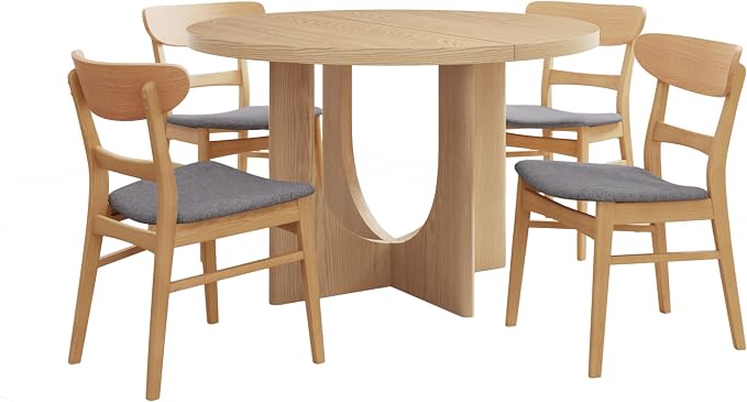 Merax 5-Piece Retro Dining Set - 48" Round Cross-Leg Table & 4 Upholstered Chairs, Mid-Century Modern Kitchen Set with Rubberwood Frame for Kitchen Dining Room, Light Grey+Natural