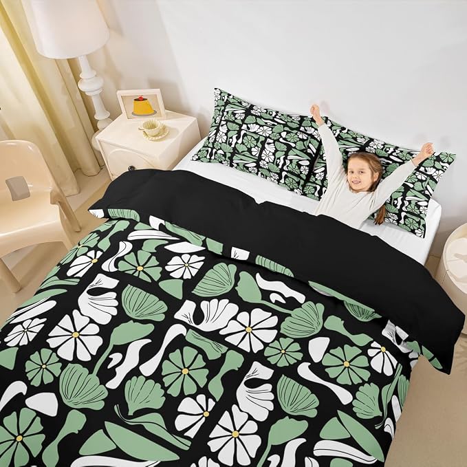 Erosebridal Boho Plants Floral Comforter Cover Twin Retro Abstract Mid Century Geometric Bedding Set Vintage White Green Flower Patchwork Duvet Cover for Kids Adults,Modern Simple Bed Set
