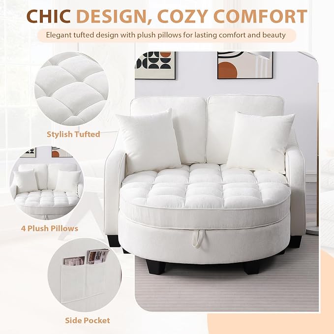 Oversized Curved Chaise Lounge Chair Indoor with Ottoman, 54.8" Cloud Boneless Reading Chair Soft Chenille Circle Couch w/Adjustable Backrest for Living Room, Apartroom, Bedroom, Beige
