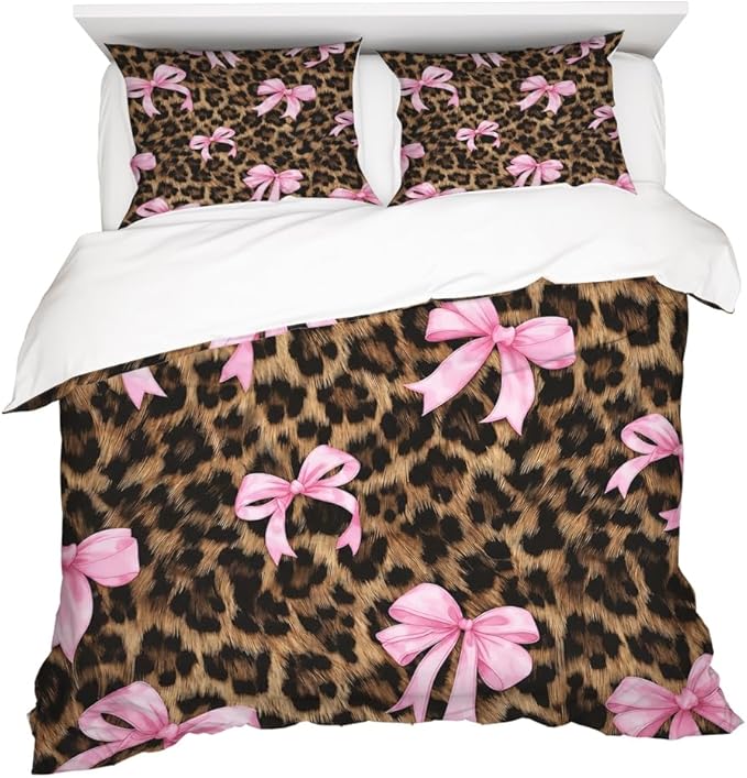 Pink Bow Leopard Duvet Cover Twin Size Black Brown Cheetah Print Bedding Set,Dreamy Princess Style Girls Soft Bedding Set for Teens Trendy Preppy Girly Coquette Room Decor Twin Size 68"x88"
