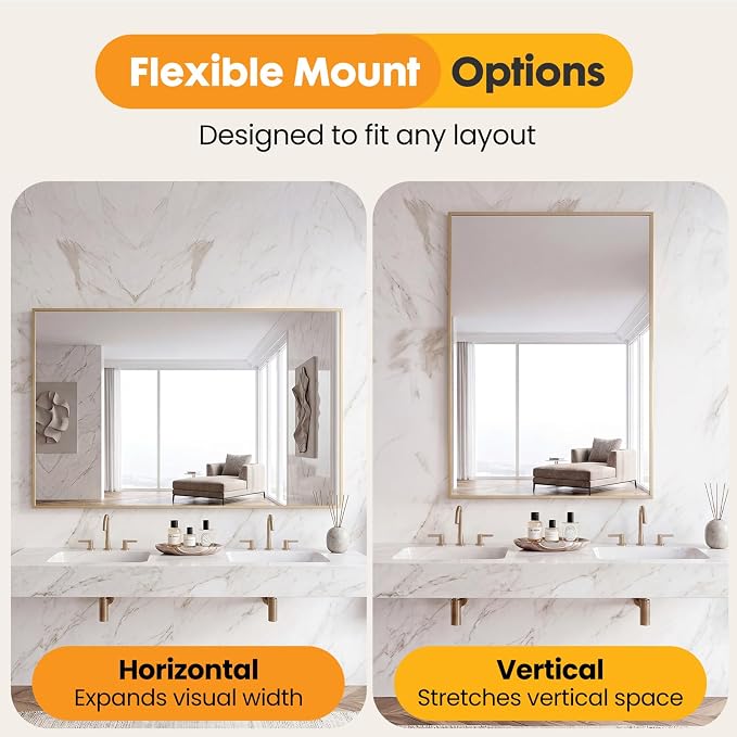 Sweetcrispy Bathroom Mirror for Over Sink, 30" x 36" Rectangle Wall Mount Mirrors with Metal Frame, Modern Vanity Mirror with Tempered Glass, for Home Decor, Anti-Rust, Gold
