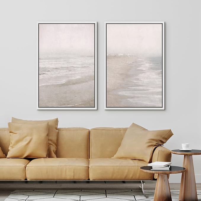 IDEA4WALL Framed Canvas Print Wall Art Set Abstract Beach Shore Ocean Wave Landscape Nature Wilderness Illustrations Modern Art Decorative Coastal Cottage Seascape for Bedroom - 16"x24"x2 White