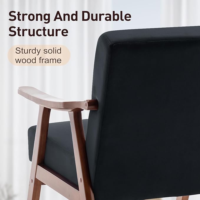 Furnimart Black Velvet Accent Chairs Set of 2, Mid Century Modern Chair Reading Chairs with Extra-Thick Backrest, Wooden Armchairs for Living Room, Bedroom, Waiting Room