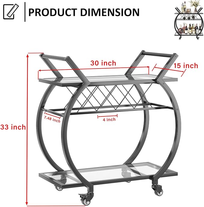 LVB Bar Cart with Glass, Black Bar Cart with Wheels, Home Bar Serving Cart with 2 Tier Storage Glass Shelves, Wine Cart with Wine Rack, Liquor Cart for Kitchen, Bar, Dinning Room