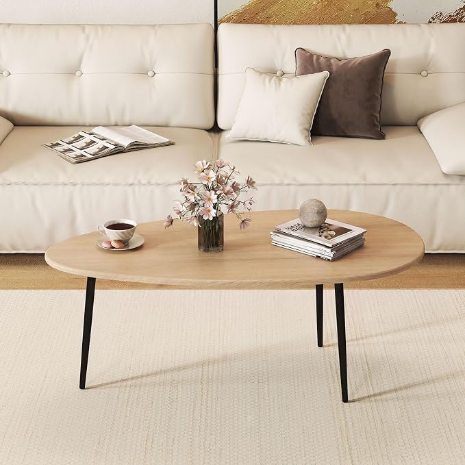 Giantex Oval Coffee Table, Mid Century Modern Center Table with Sturdy Metal Frame and Compact Design, Vintage Accent Cocktail Tea Table, Wood Living Room Tables for Small Spaces (Natural)
