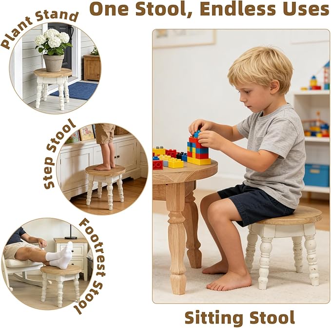 Wooden Step Stool for Kids Adults, Farmhouse Step Stool or Plant Stand Indoor, Portable and Sturdy Versatile Foot Stools for Bathroom, Bedroom, Office, Kitchen, Plant Stand (Round)