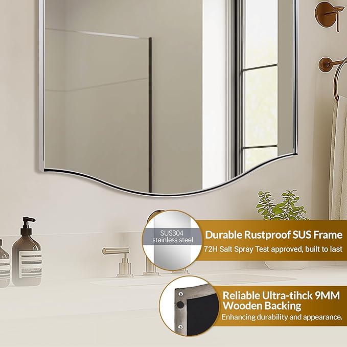 ANDY STAR Polished Chrome Bathroom Mirror, 22"x30" Scalloped Wall Mirror in Stainless Steel Metal Frame, Unique Vanity Mirror with Modern Curved Edge Design, Ideal for Bathroom, Bedroom, Entryway
