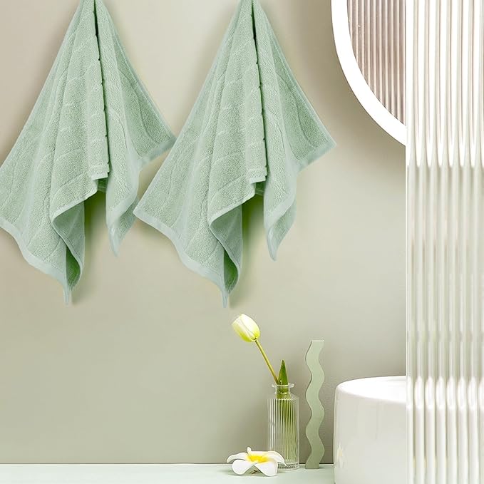 Jacquotha Hand Towels 2 Pack - Sage Green Wavy Striped Hand Towels for Bathroom, 100% Natural Cotton Soft Absorbent Decorative, 13x29 Inches