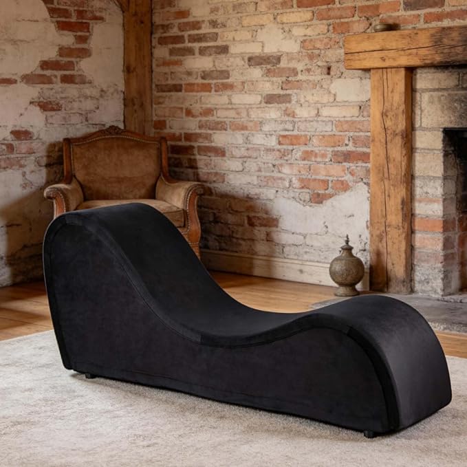 Black Ergonomic Curved Chaise Lounge Chair for Relaxing, Sofa Bench with Heavy-Duty Metal Frame & Removable Velvet Cover
