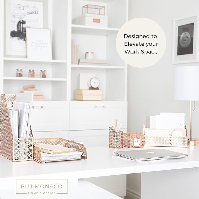 BLU MONACO | Rose Gold Desk Organizer Set | 6 Piece Metal Office Desk Organizer with Mail Sorter, Pen Cup, Sticky Note Holder, Magazine File, Card Holder, Paper Tray | Desk Organizers and Accessories