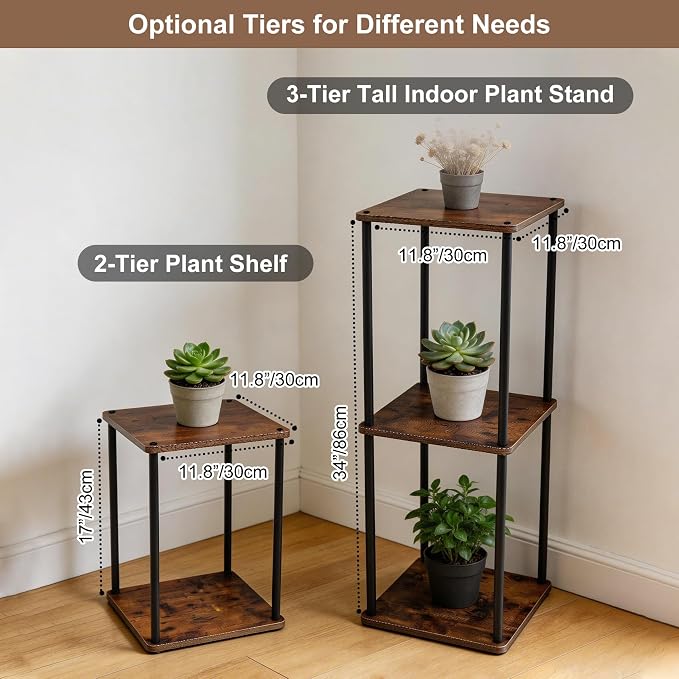 Vigordream Plant Stand Indoor Outdoor 3 Tier Metal Plant Shelf Tall Pedestal Stand Flower Pot Stands Multiple Planter Support Rack for Corner Living Room, Balcony, Garden Patio (Retro Brown, 34 INCH)