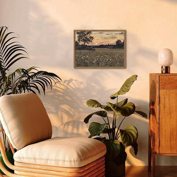 Vintage Farmhouse Wall Art, Rustic Floral Wall Decor Paintings, Twilight Firefly Artwork Painting Field Nature Landscape Canvas Prints for Bedroom Living Room 16x24 inch Wood Framed