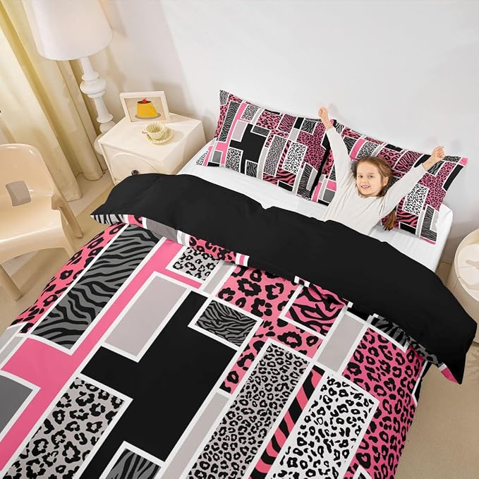 Erosebridal Leopard Print Toddler Duvet Cover Cheetah Zebra Skin Print Bedding Set Pink Black Animals Fur Rustic Comforter Cover for Kids Teen Adults,Geometric Square Patchwork Bed Set