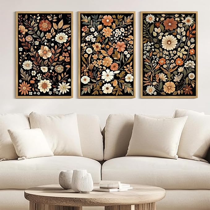 KUVIOKE Orange Vintage Flower Framed Wall Art Boho Floral Wall Decor Retro Wildflower Modern Art Prints for Living Room Bedroom 24x36in (Natural Framed)