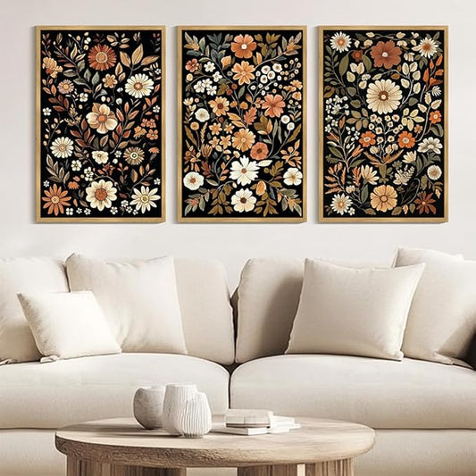 KUVIOKE Orange Vintage Flower Framed Wall Art Boho Floral Wall Decor Retro Wildflower Modern Art Prints for Living Room Bedroom 24x36in (Natural Framed)