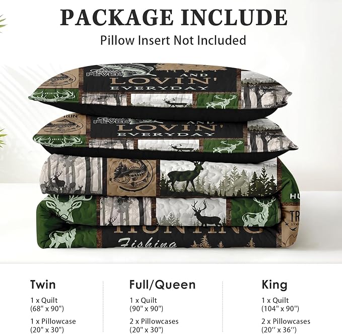 Pamnest Quilt Set King Size, Cabin Deer Animal Tree 3 Pcs Soft Bed Cover Bedding Set for Kids and Adults, Rustic Mountains Gray Lightweight Bedspread Coverlet with Pillow Sham for All Season