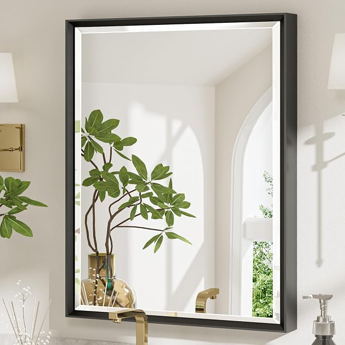 Black Framed Mirror for Bathroom, 24x32 Inch Black Rectangle Beveled Bathroom Vanity Mirror, Anti-Rust Matte Black Metal Frame Mirror for Wall, Vertical/Horizontal Wall-Mounted Mirrors