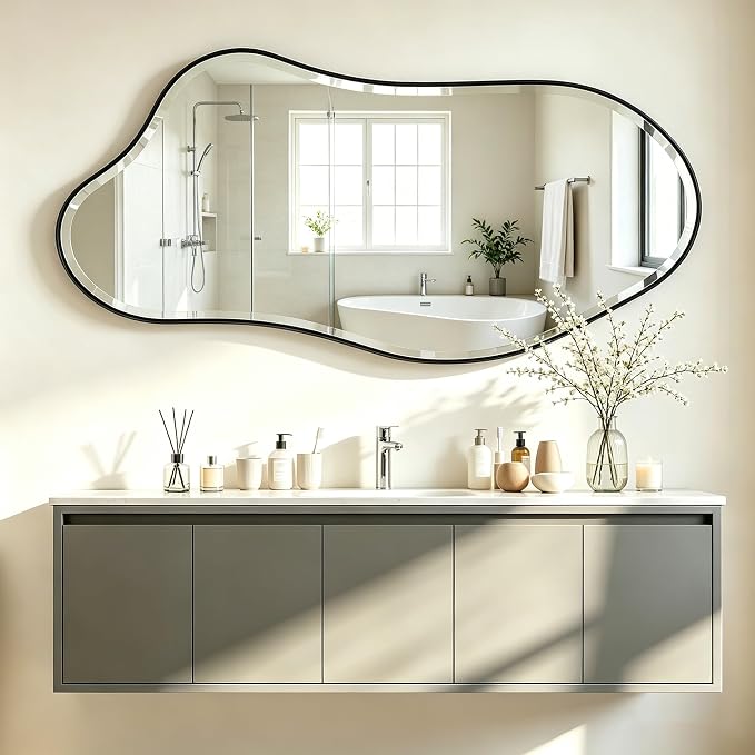 POZINO Irregular Beveled Mirror, 53"x26.5" Large Organic Shape Mirror with Black Metal Frame, Asymmetrical Decorative Wall Mirrors for Entryway Living Room Bedroom, Horizontal/Vertical Hanging