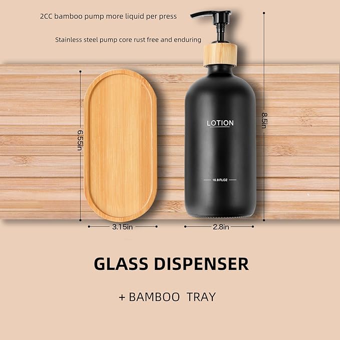 Black Soap Dispenser Bathroom Set, Bamboo Pumps & Tray, Hand Soap, and Lotion Dispenser Set Suitable for Bathroom Counter Decor. (Black)