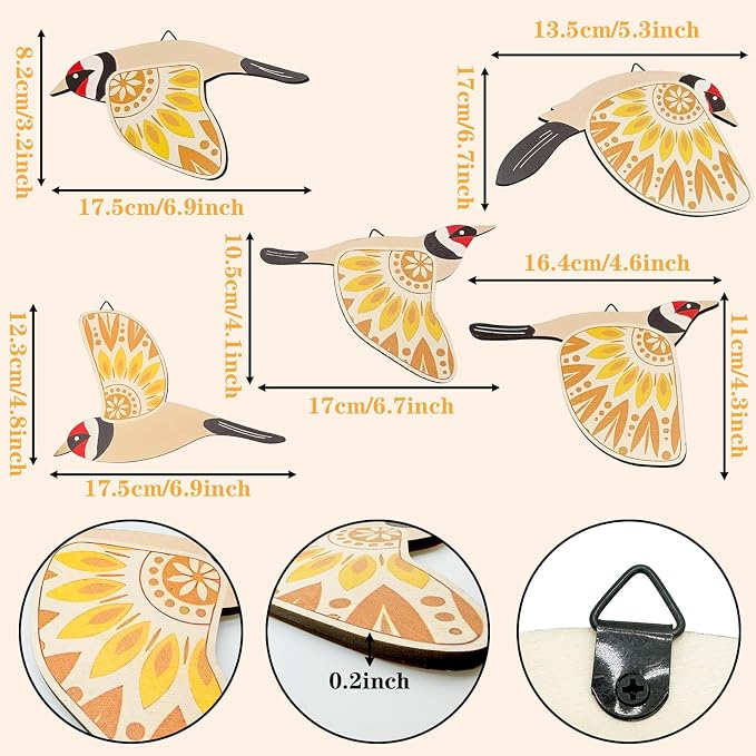 EMINGSKY 5 Pcs Wooden Bird Wall Art Wood Flying Birds Wall Decor Boho Rustic Folk Art Home Decor for Gift Living Room Bedroom Kitchen Office (Yellow)