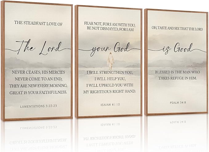HLNIUC Scriptures Framed Wall Art,Inspiring Christian Scripture Wall Art Set of 3(16”x24”)The Lord Your God Is Good Bible Verse Wall Decor,Modern Religious Quotes Canvas Art Print for Home Living Room