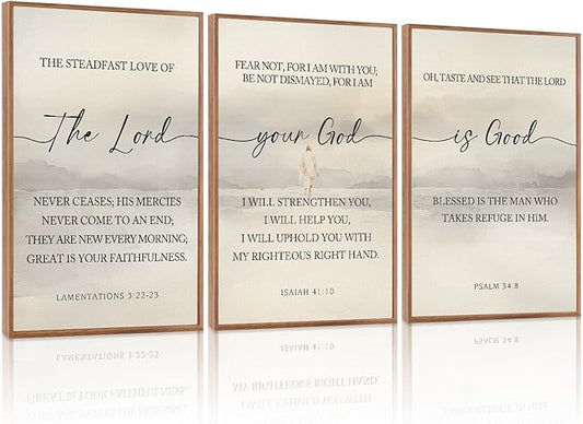 HLNIUC Scriptures Framed Wall Art,Inspiring Christian Scripture Wall Art Set of 3(16”x24”)The Lord Your God Is Good Bible Verse Wall Decor,Modern Religious Quotes Canvas Art Print for Home Living Room
