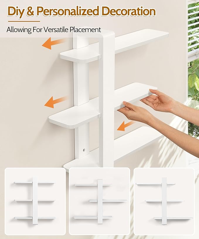 SUMGAR White Floating Shelves for Wall Mounted Shelving Unit All Pine Wood 3 Tier Large Shelf for Bedroom Living Room Office Bathroom Home Decoration Storage Plant Photo Display Modern 20in