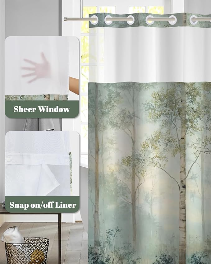 No Hook Shower Curtain and Liner Set, Birch Tree Forest Double Layer Waterproof Fabric Bath Tub Curtain for Rustic Farmhouse & Woodland Bathroom Decor, See Through Top, 71 x 74 Inch