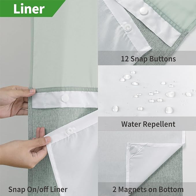 Stall No Hooks Needed Linen Textured Shower Curtain with Snap-in Fabric Liner Set,Hotel Luxury Decor Shower Curtains for Bathroom,Waterproof & Washable,60Wx74H,Sage Green